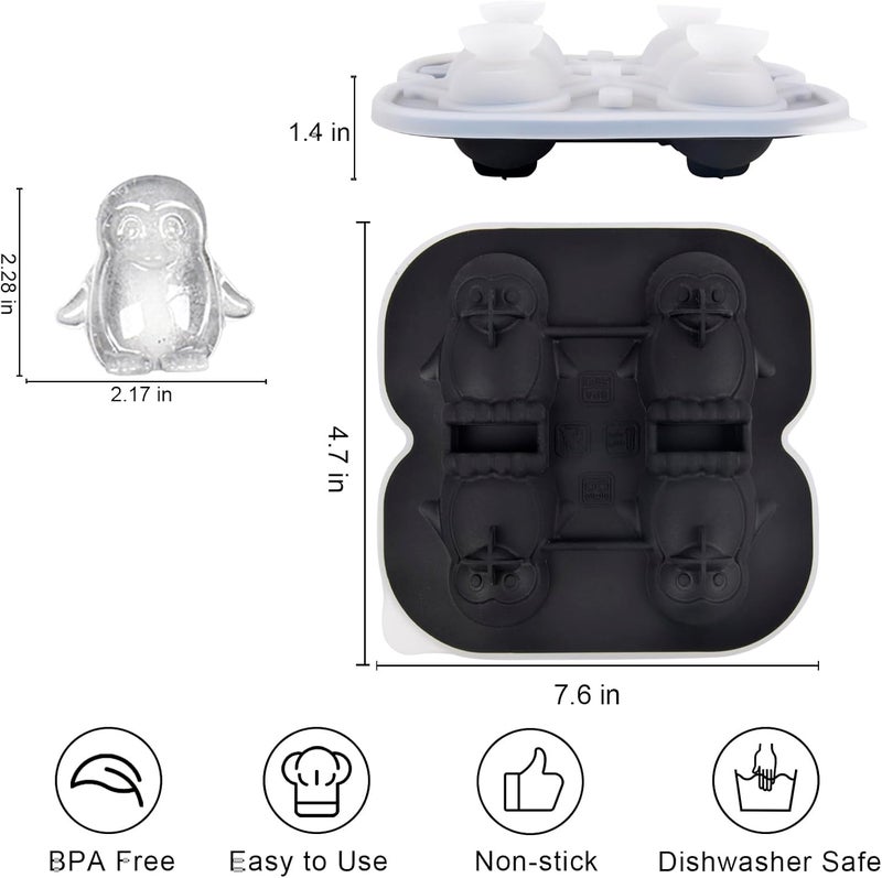 Nerien Penguin Ice Cube Tray Mold - 3D Penguin Shape Ice Cube Trays, Cute Ice Cube Molds for Whiskey Bourbon, 4-Hole Large Fun Shapes Ice Cube Trays, Funny Penguin Gifts for Penguin Lovers Women Men - Image 2